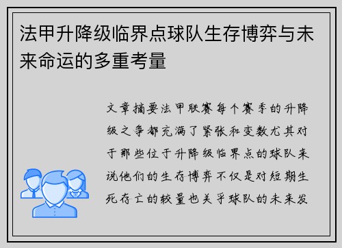 法甲升降级临界点球队生存博弈与未来命运的多重考量